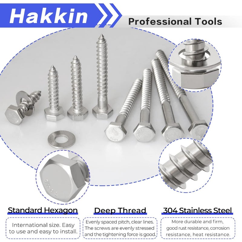 Hakkin 108PCS 1/4" Hexagon Head Lag Screws,304 Stainless Steel Hex Lag Bolts 1" 1-1/4" 1-1/2" 2" 2-1/2" 3" 3-1/2" 4", Wood Screws Washers Assortment Kit with Storage Case - Image 5